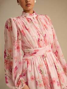 Enchnt 女式优雅花卉印花灯笼袖荷叶边下摆连衣裙 - 彩色 - 查看 2