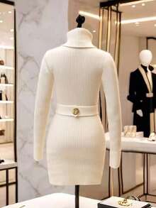 Franclia 新款优雅温柔知性高领收腰厚针织毛衣连衣裙女秋冬 - 白色 - 查看 2