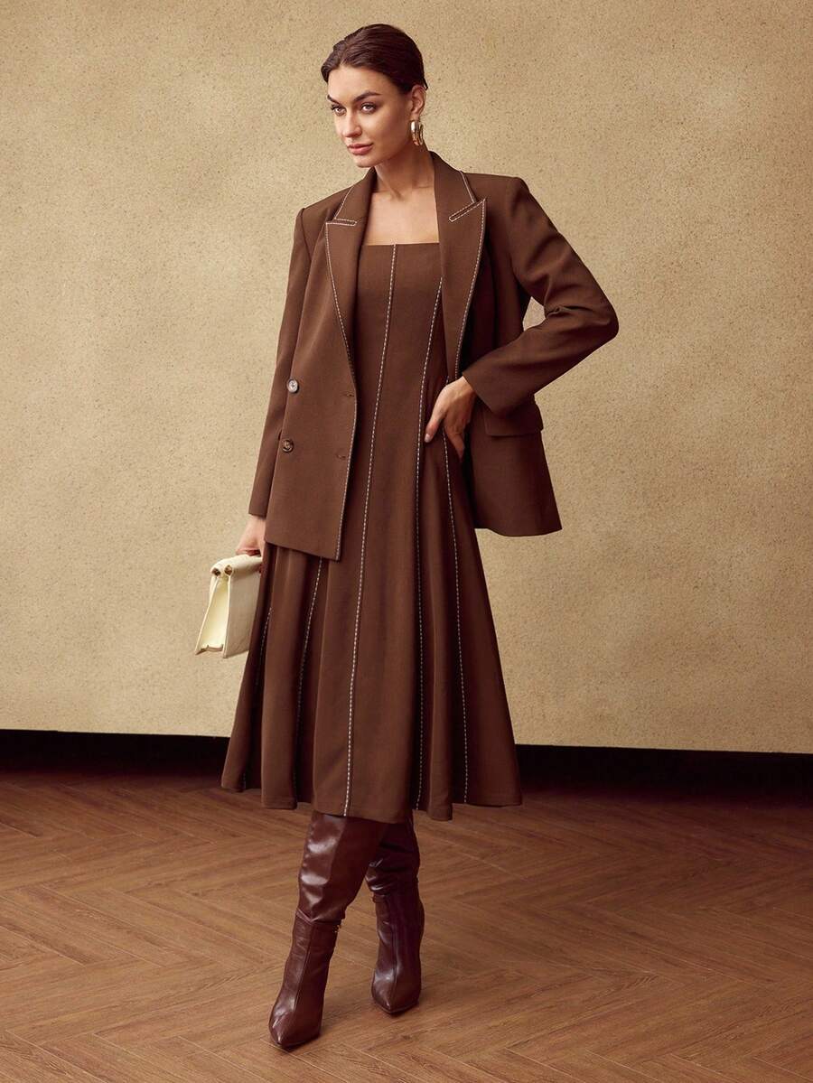 MOTF PREMIUM 女士结构化设计撞色边 A 字中长连衣裙 - 咖啡棕 - 查看 1