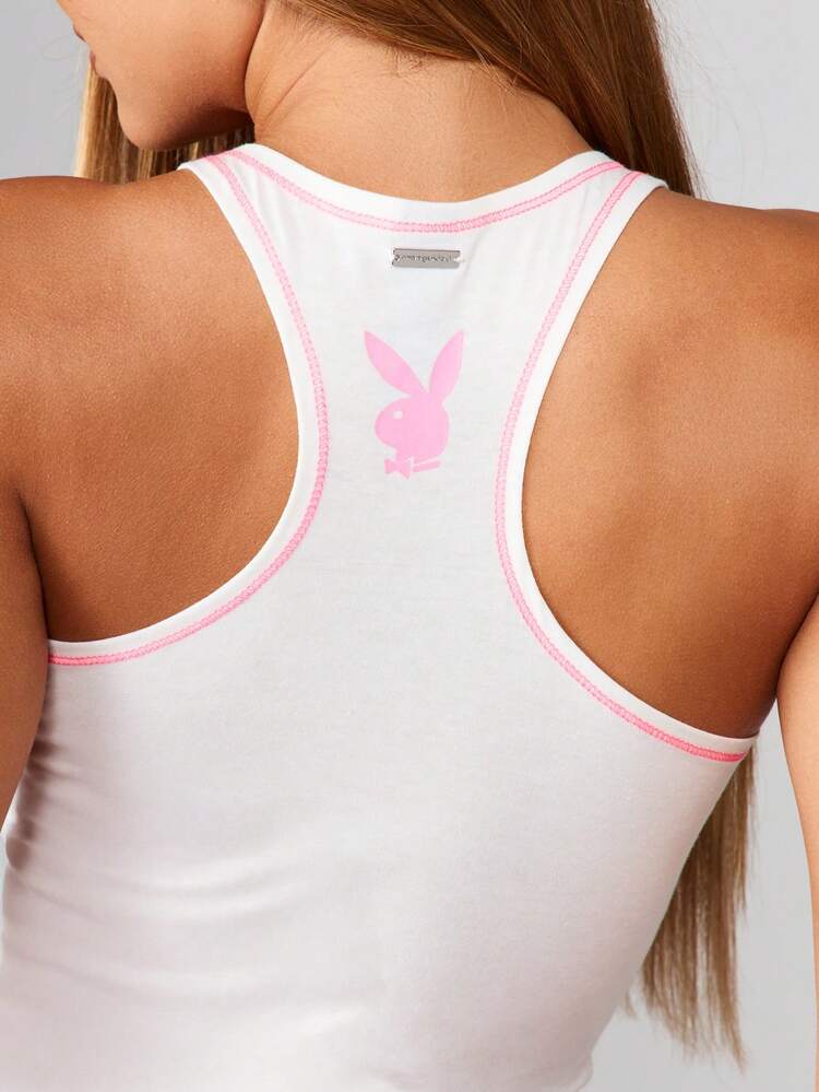 Missguided x Playboy White Ribbed Tank Top With Contrast Logo Print