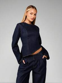 MISSGUIDED 不对称短款牛仔上衣，全后拉链长袖，秋冬时尚单品，现代设计，镂空细节 - 藍色 - 查看 1