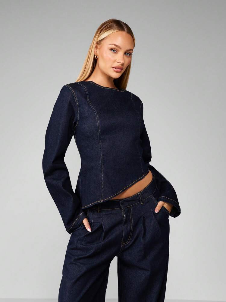 MISSGUIDED Top in denim asimmetrico e corto con zip posteriore lunga, manica lunga, pezzo di moda per l'autunno/inverno, design moderno con dettagli tagliati