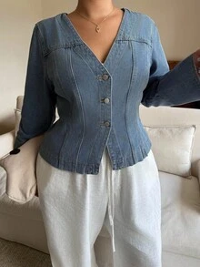 Dripcurv 大码女式无弹水洗牛仔长袖外套，休闲修身V领水洗浅蓝色牛仔长袖外套，秋季复古乡村风返校休闲女装，奶油糖色，冬季，秋季，万圣节，波西米亚风/Y2K风，圣诞节，万圣节 - 藍色 - 查看 3