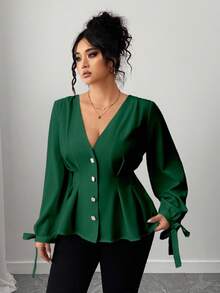 SHEIN Elenzya Camisa elegante de unicolor con diseño de botones y cintura ceñida para mujer de talla grande - Verde Oscuro - Ver 3