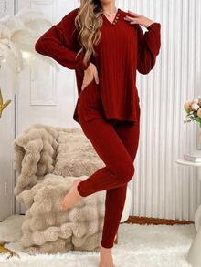 Solid Color Textured Half-Zip Top & Pants Women's Loungewear Set, Winter Clothes - Red - View 5