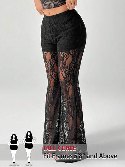 SHEIN Tall CURVE Elegant Black Sheer Lace Plus Size Straight-Leg Long Pants For Tall Women Lace Flare Pants,Holiday Outfits For Women,Lace Black Pant,Going Out,Carnival Clothes,Black Pants,Valentine Outfits For Women