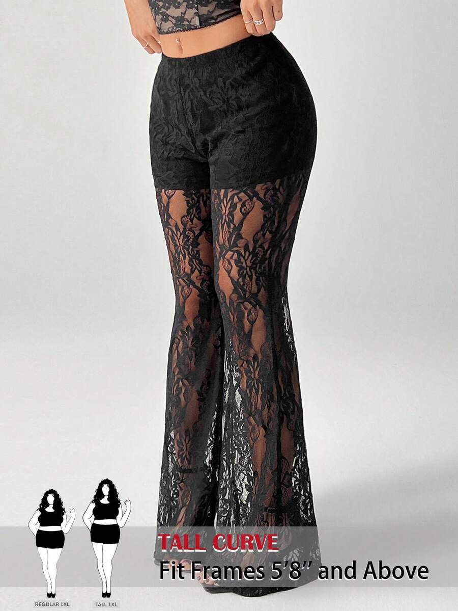 SHEIN Tall CURVE 大码女式透视蕾丝喇叭裤，黑色性感演唱会狂欢裤，四季皆宜 - 黑色 - 查看 1