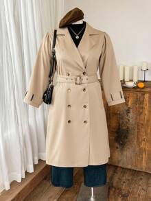 SHEIN MOD Christmas Plus Size Elegant Commuter Solid Color Double-Breasted Satin Trench Coat,Fall Clothes For Women