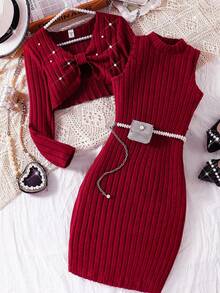 SHEIN Teen Girls' Burgundy Ribbed Knit Bow & Pearl Decor Long Sleeve Cardigan & Bodycon Mini Dress 2-Piece Set, For Party, Commute, Christmas - Burgundy - View 6