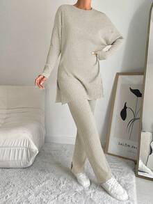EURMUSE 2pcs Women Side Slit Top And Pants Set - Beige - View 5