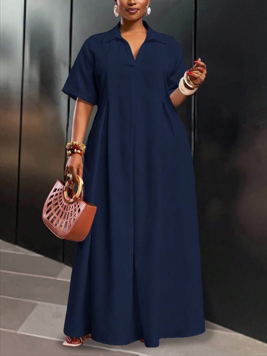 Slaydiva 2025 Spring/Summer New Arrival Vacation & Commute & Casual White Loose Short Sleeve V-Neck Pleated A-Line Maxi Shirt Dress For Plus Size Women