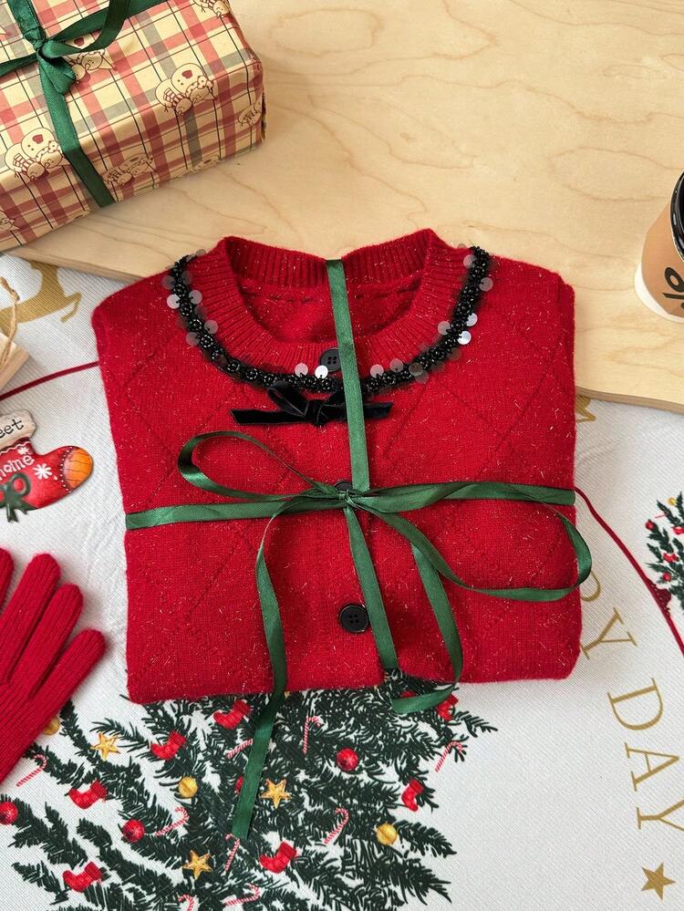 Tween Girls' Christmas Sequin Bow Decor Cardigan Christmas