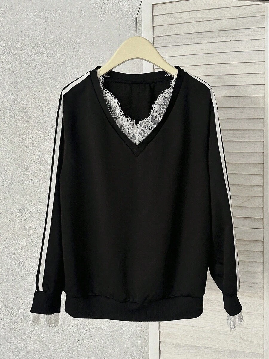 Modelyn New Autumn V-Neck Loose Design Long Sleeve Sweatshirt Without Hood - Multicolor - View 1