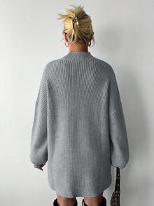 EURMUSE Stand Collar Split Hem Drop Shoulder Sweater - Light Grey - View 2