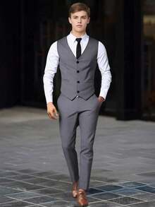 SHEIN 2pcs Teen Boy Gentleman Outfit, Grey Slim Fit Vest + Textured Long Pants, Elegant Formal Suit For Birthday, Wedding, Graduation, Party, Performance - Grey - View 3