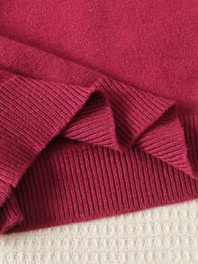 SHEIN 青少年女孩串珠宽松长袖高领毛衣和荷叶边下摆优雅 A 字裙套装女士秋冬装 - 酒紅色 - 查看 7