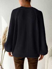 EURMUSE Plus Size Women's Solid Color Raglan Sleeve Long Sleeve Casual Sweater, For Winter - Black - View 2