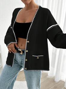 EURMUSE Women Solid Color Deep V-Neck Handmade Stitch Detailed Cardigan - Black - View 4