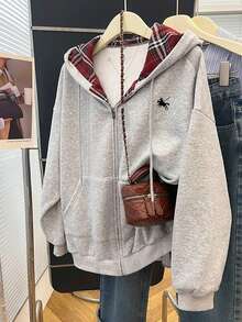 Franclia Christmas Plaid Patchwork Hoodie Sweatshirt, Casual Commuter Long Sleeve Loose Fit Printed Jacket For Women - Grey - View 3