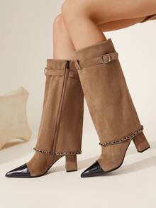 CUCCOO CHICEST Women's Autumn/Winter New Arrival Chain Belt Buckle Pointed Toe Color Block Square Chunky Heel Mid-Heel Elegant Sweet Romantic Fashion Comfortable Retro Black Contrast Camel Faux Leather Suede Shark Boots, Suitable For Afternoon Tea, Date, Fashion Party, Workplace, Elegant, Streetwear, Basic Versatile Wear, Christmas, Thanksgiving, New Year, Spring Festival - Khaki - View 6