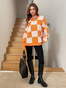 SHEIN LUNE Women's Orange Checkerboard Warm Sweater, Suitable For Winter And Halloween - Orange - View 4
