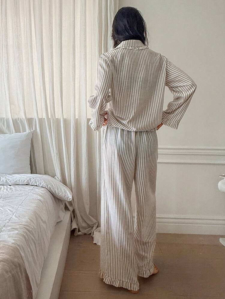 Cute Striped Ruffle Trim Women Pajama Set Fall Winter Clothes