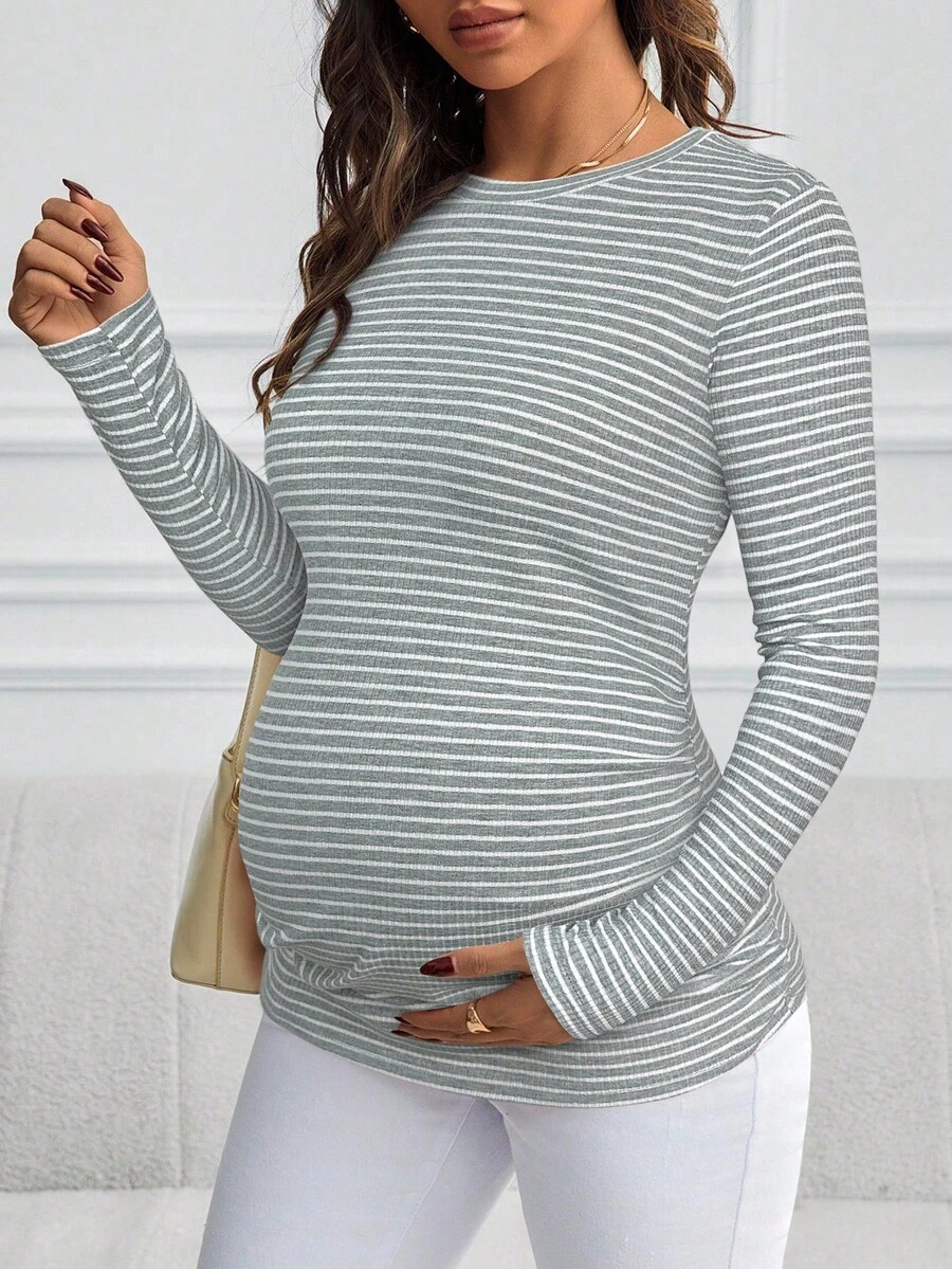 SHEIN 孕妇休闲通勤条纹修身长袖T恤，秋季 - 淺灰色 - 查看 1