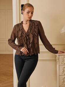 Chiquease Lightweight Ruffle Trim V-Neck Loose Blouse For Women - Coffee Brown - View 4