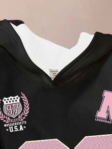 青少年女孩休闲简约时尚运动别致球衣，28 号印花，黑色宽松舒适连帽运动衫，适合秋冬季