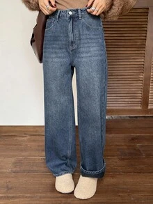 DAZY 女士复古水洗直筒牛仔裤，高腰显瘦保暖水洗牛仔裤，秋冬保暖款