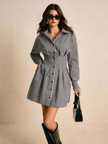 Poéselle 女式休闲水洗格子束腰前扣连衣裙，秋季 - 軍綠色 - 查看 1