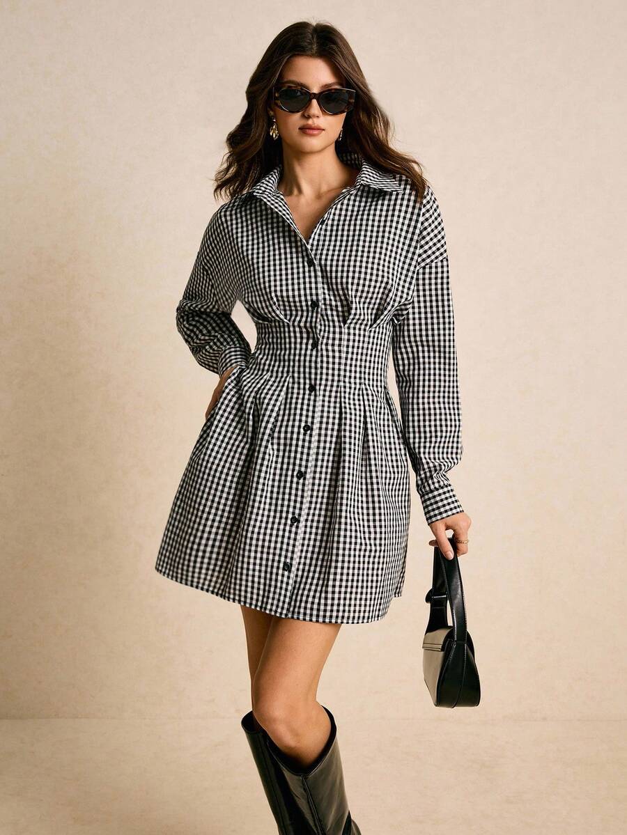 Poéselle 女式休闲水洗格子束腰前扣连衣裙，秋季 - 軍綠色 - 查看 1