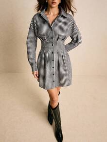 Poéselle 女式休闲水洗格子束腰前扣连衣裙，秋季 - 軍綠色 - 查看 8