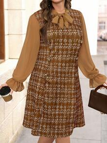 Chikora 大码优雅通勤格子拼布连衣裙 - 棕色 - 查看 10