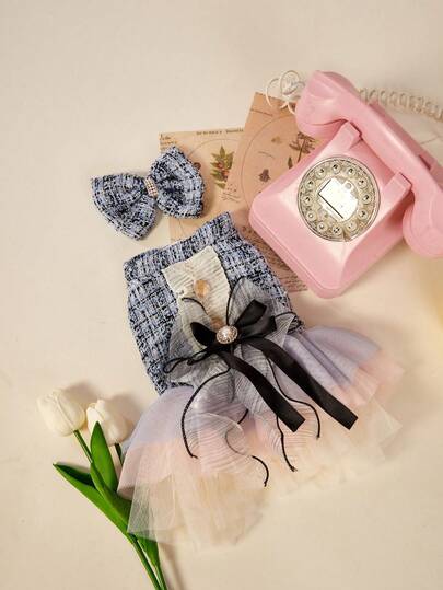 PETSIN 1pc Pet Small Fragrant Blue Dress, Suitable For Cats And Dogs To Wear Sweet Gauze Dress With Bow Decoration, Dog Clothes For Autumn And Winter