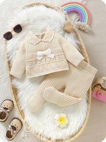 Baby Girls Ruffled Collar Long Sleeve Knitted Sweater&Matching Knitted Leggings 2 Pieces Set,Cream White,Autumn,Flowy,Family Matching Soft Outfit - Apricot - View 3