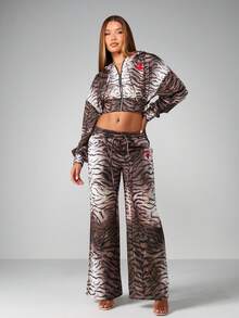 Missguided x Playboy Moletom com capuz curto com estampa de listras de tigre e zíper, roupa de dormir macia de inverno, moda outono, moletom com capuz, festival, casual, streetwear