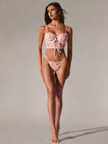 SHEIN BAE 2件套浪漫刺绣镂空钢圈内衣文胸和内裤套装 - 粉色 - 查看 3