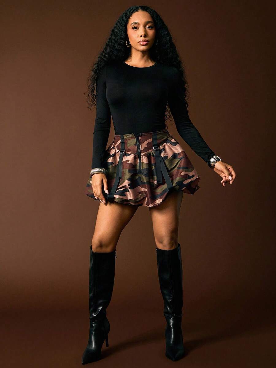 Vixey Camo Print Taffeta Utility Bubble Hem Skirt, Casual - Multicolor - View 1