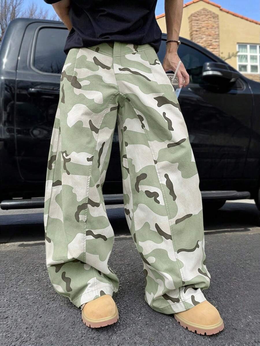 Manfinity EMRG Manfinity EMRG, American Camouflage Silhouette Curved Blade Cargo Pants, Cargo Pants, Baggy Pants ,Streetwear,Baggy,Streetwear Loose Casual Wide Leg Trousers, Hip Hop Street Style, Fall