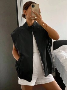 Livesso Women's Loose Fit Solid Color Zip-Up Jacket With Pockets,Fall Clothes Vest