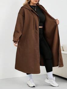 SHEIN CURVE+ 加大码女式长款连帽夹克外套，适合秋冬季女装，冬季，CURVE PLUS - 棕色 - 查看 6
