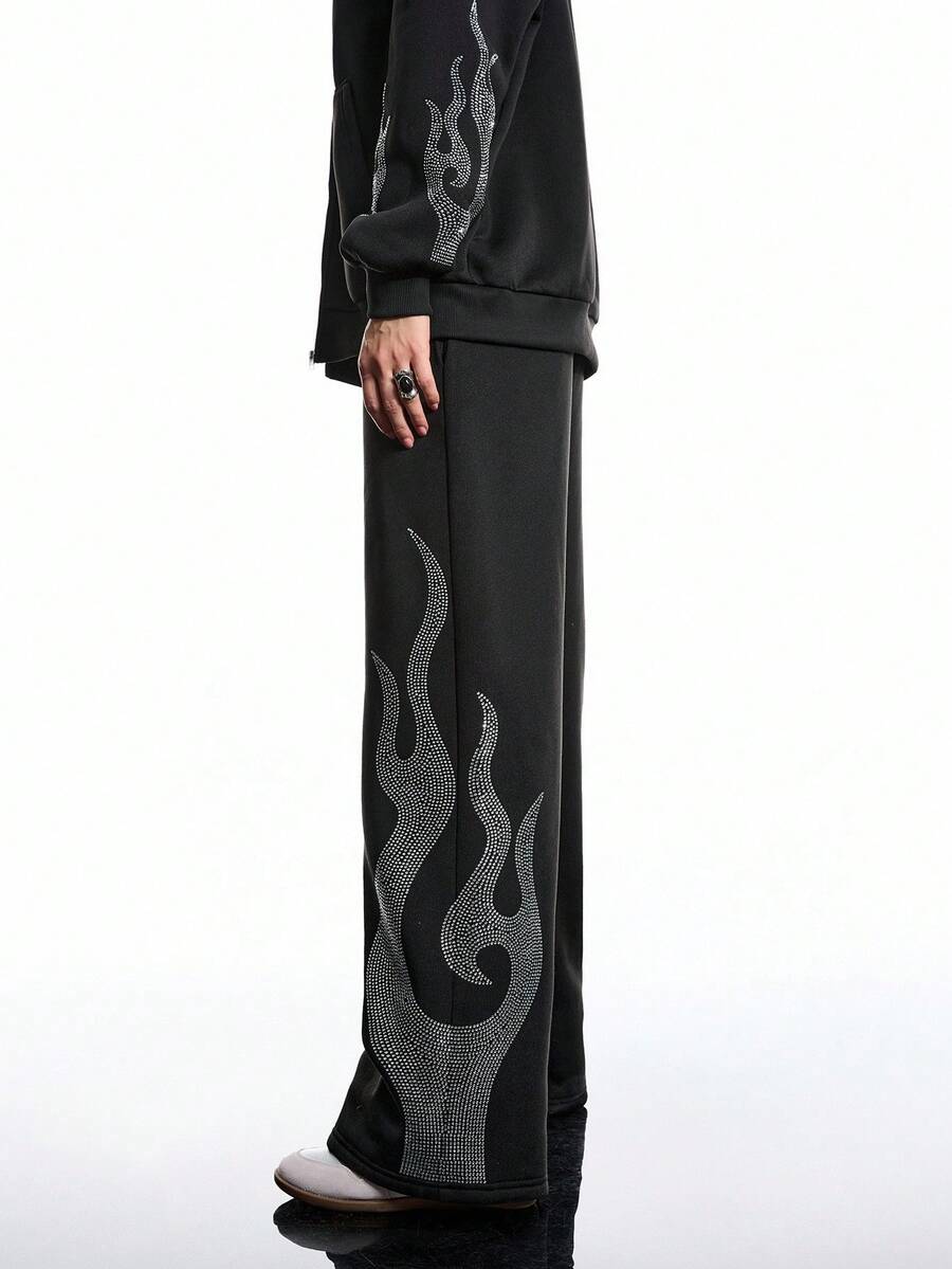 LYSMO Women's Fashion Street Style Rhinestone Flame Pattern Loose Sweatpants - Black - View 1