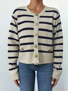 EURMUSE Women's Striped Cardigan - Navy Blue - View 3