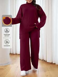 EURMUSE OLUS 尺码 高领休闲灯芯绒毛衣 - 酒紅色 - 查看 1