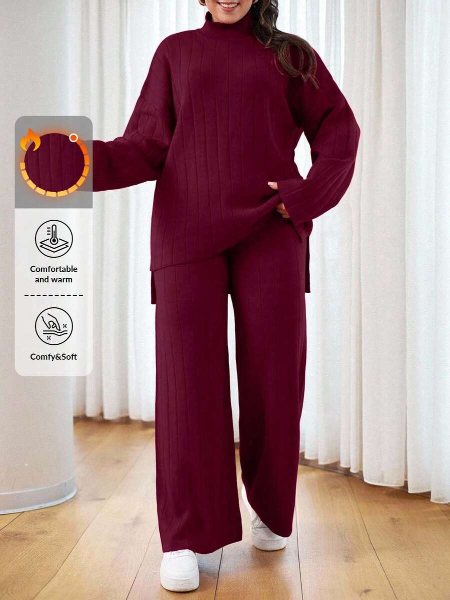 EURMUSE OLUS 尺码 高领休闲灯芯绒毛衣 - 酒紅色 - 查看 1