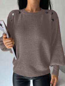 EURMUSE Áo len tay đèn lồng trang trí nút màu trơn giản dị, mùa thu/đông - Màu nâu  Mocha - Xem 3