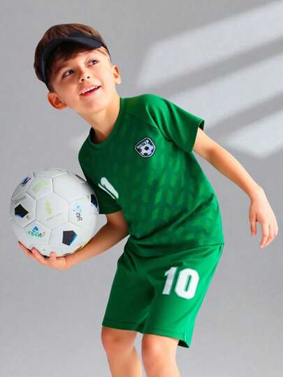 SHEIN Young Boy Letter & Football Print Raglan Sleeve Tee & Shorts Green Young Boys Setssoccer Clothes For Boyskids Football Clothesboys Soccer Clothes