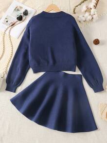 SHEIN Tween Girl Beaded Loose Long Sleeve Turtleneck Sweater & Ruffle Hem Elegant A-Line Skirt Set Autumn Winter Clothes For Women Skirt Two Piece Set For Kids - Navy Blue - View 2