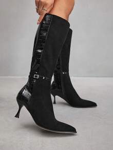CUCCOO SZL 女士过膝长靴，新款秋冬通勤百搭尖头细跟高筒靴，显瘦 - 黑色 - 查看 1
